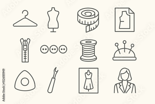 Sewing tools icons set: mannequin, tape, zipper, buttons, spool, pins