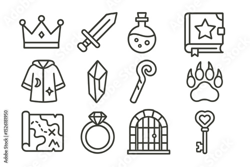 Fantasy icons set: sword, potion, crown, magic wand, crystal, ancient map, key