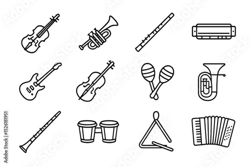 Various musical instruments: violin, trumpet, flute, guitar, cello, maracas, harmonica, tuba, accordion, bongo, triangle
