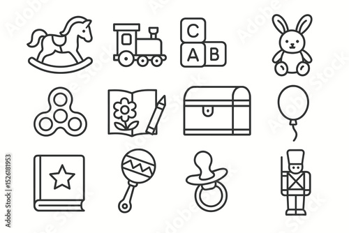 Children's toys and activities icon set: train, blocks, puppet, and more