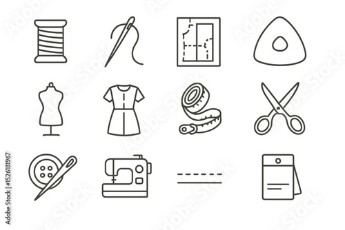 Sewing tools icons: needle, thread, scissors, patterns on brown background