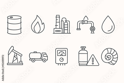 Oil and gas industry icons: barrel, fire, refinery, pipeline, drop, rig, truck, pressure, cylinder, warning