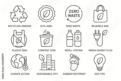 Eco-friendly symbols: recycling arrows, zero waste, sustainable icons, green energy, climate action