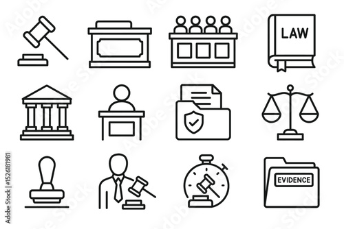 Legal icons set: gavel, court, jury, law book, scales, evidence