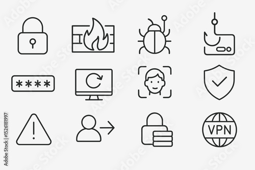 Cybersecurity icon set: lock, firewall, bug, phishing, password, vpn, shield, alert symbols