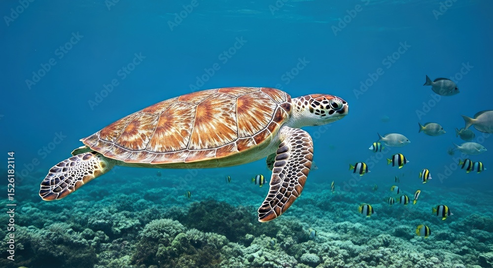 Obraz premium Harmonious Turtle and Fish Swimming in the Vast Sea Beautiful Underwater Encounter