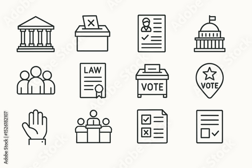Icon set representing voting, government, and law concepts