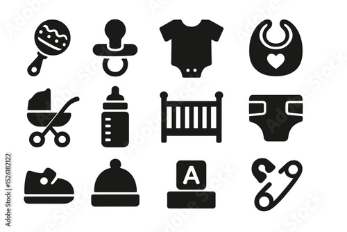 Baby essentials icons: rattle, pacifier, onesie, bib, stroller, bottle, crib, diaper, shoe, hat, block, safety pin