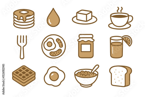 Breakfast food icons set featuring pancakes, eggs, juice, and more