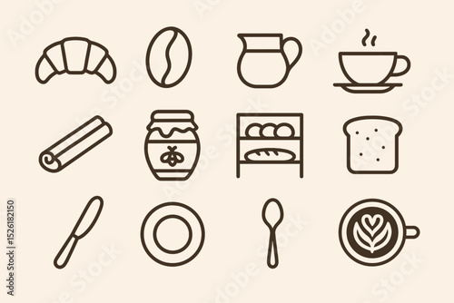 Set of simple breakfast icons including coffee, croissant, jam, and bread