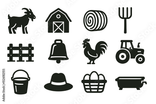 Silhouette icons: farm animals, equipment, and structures on yellow background