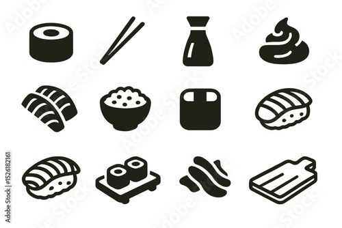 Black sushi icons including roll, nigiri, soy sauce bottle, and chopsticks