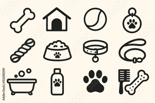 Dog essential icons: bone, doghouse, ball, paw print, collar, leash, bath, shampoo