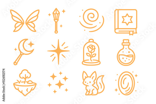 Magical fantasy icon set with glowing symbols on wooden background