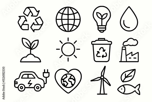 Eco-friendly icons: recycle, sustainability, green energy, conservation, environment