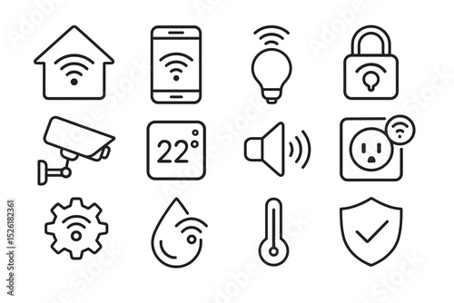 Smart home technology icons: security, lighting, wireless, temperature, connectivity