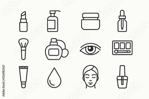 Set of beauty icons: skincare and makeup essentials in minimalist design