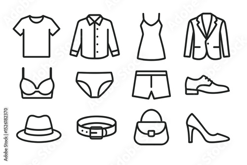 Outline icons of various clothing and accessories including tops, shoes, and bags