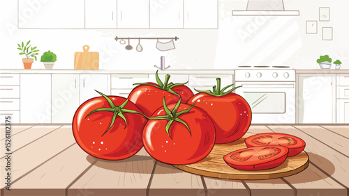 Red Tomatoes and Tomato Slice on table in kitchen vector design, Tomato Illustration vector design