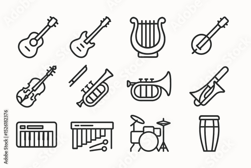 Outline icons of musical instruments including guitar, harp, and drum set