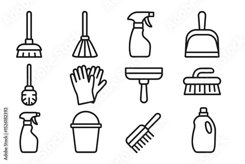 Line art icons of cleaning tools including broom, mop, spray bottle, and gloves