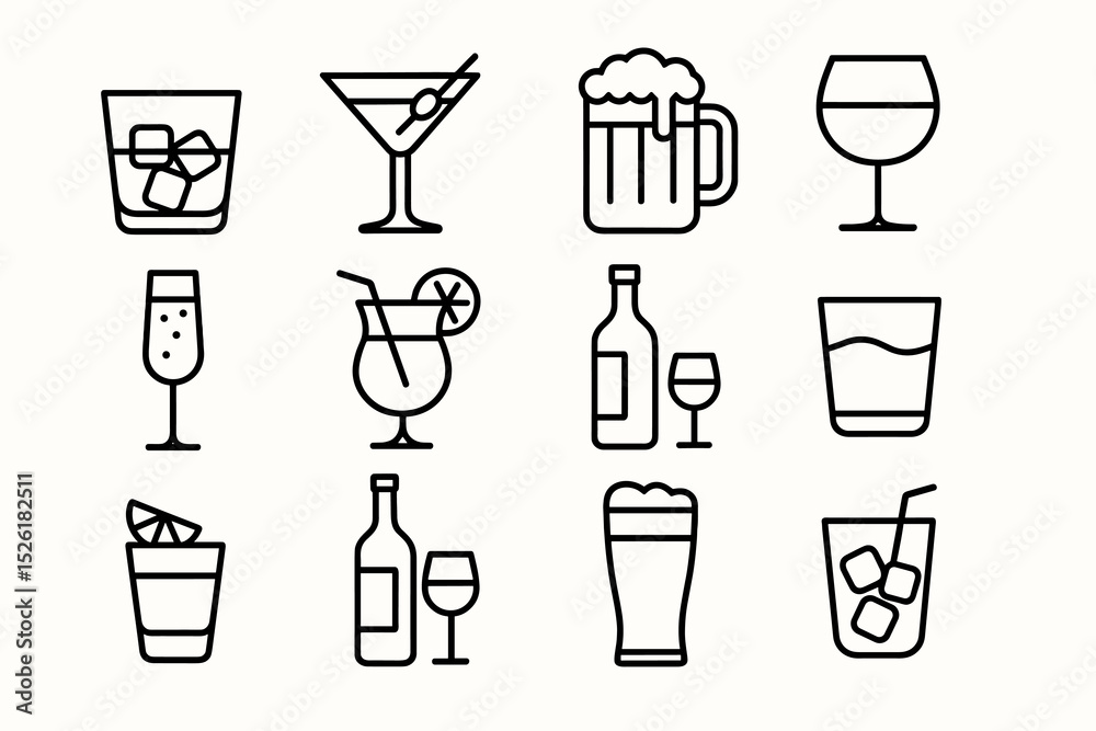 Set of various drink icons: cocktails, wine, beer in line art style
