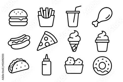 Outline icons of popular fast food items including burger, pizza, and ice cream