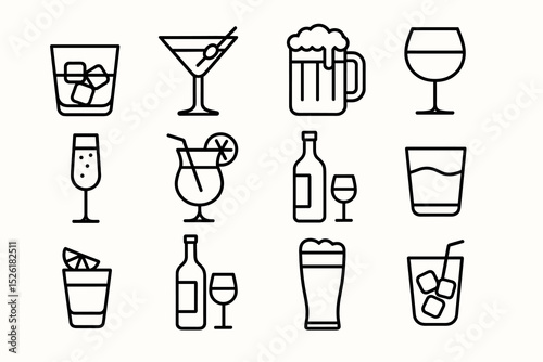 Set of various drink icons: cocktails, wine, beer in line art style