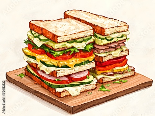 Photo of stacked sandwiches filled with fresh vegetables, cheese, and meat, perfect for a healthy meal