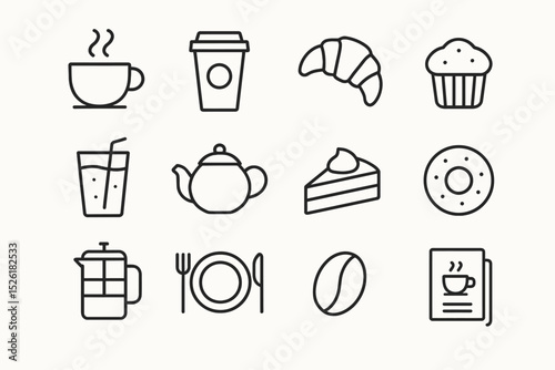 Simple line icons of coffee, tea, pastries, and dining items