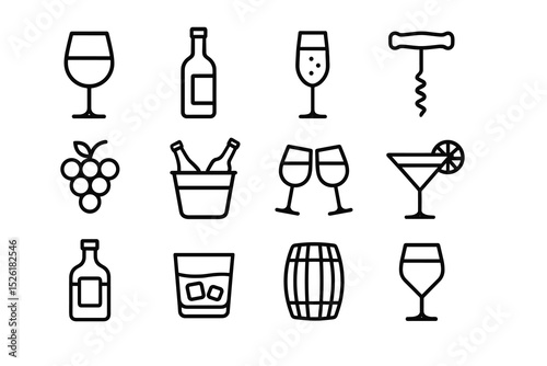 Wine and cocktail line icons: glasses, bottles, barrel, corkscrew and grapes