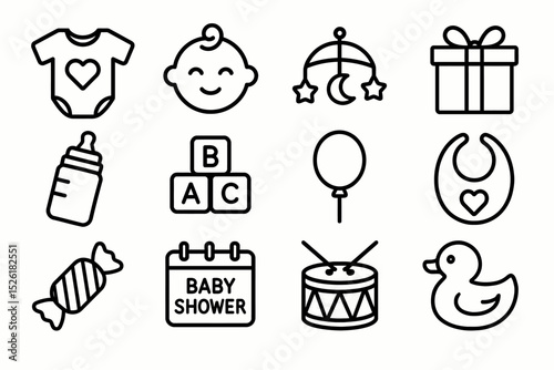 Baby shower icons set featuring toys and accessories in simple line art style