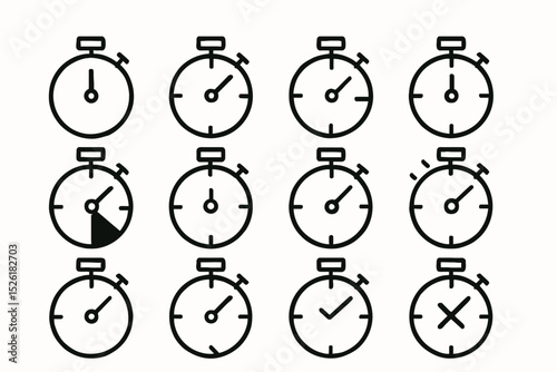 Set of simple stopwatch icons in various time states