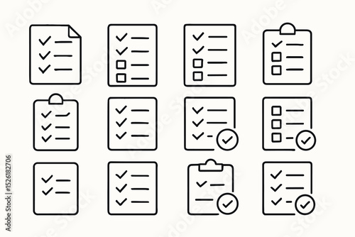 Set of twelve minimalist checklist and clipboard icons in black and white