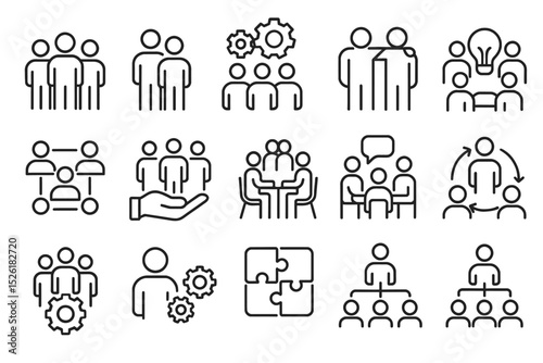 Teamwork collaboration icons: diverse group communication and problem solving symbols