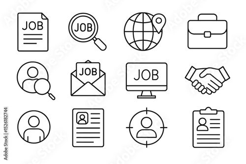 Outline icons for job search and recruitment: magnifying glass, resume, globe, handshake, briefcase