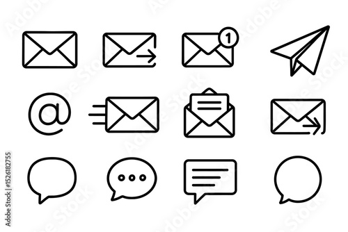 Email and messaging icons set: envelopes, paper airplane, speech bubbles, notifications