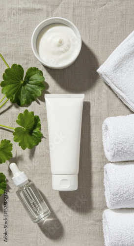 Overhead View of Centella Cream Tube with Cosmetics and Towels on Linen Fabric