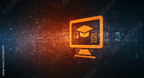 Digital education Glowing monitor amidst binary code