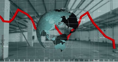 Image of globe and financial data processing over warehouse