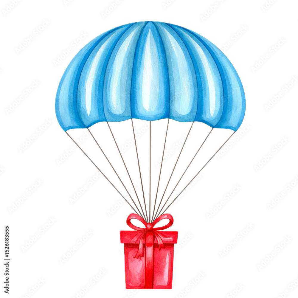 Obraz premium Watercolor illustration of Parachute with Gift Box. Hand drawn sketch for birthday invitation or delivery service icon. Sketch o white isolated background