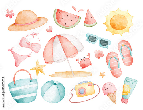 Watercolor Illustration Set of Summer Holiday Elements