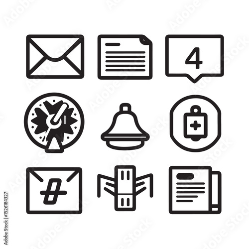 Collection of nine bold black icons for interface design