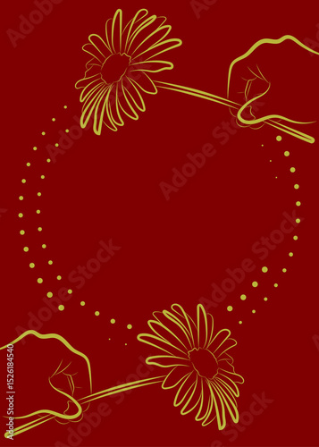 Elegant Floral Frame Greeting or Invitation Card Template with Hands Holding Flowers on Red Background