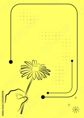 Minimalist Floral Frame Invitation or Greeting Card Template with Hand Holding Flower on Yellow Background