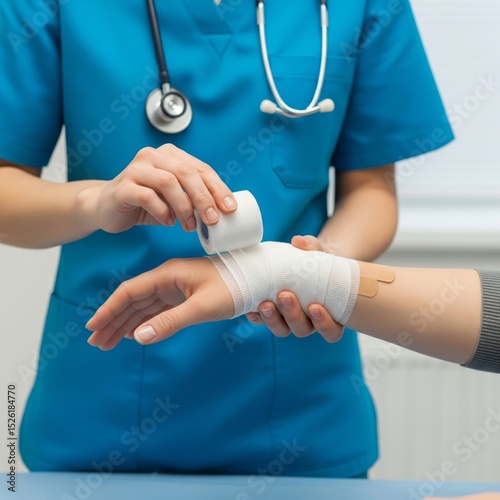 Doctor Applying Bandage On Injured Hand. Doctor applying bandage on patient s wounded hand at the clinic