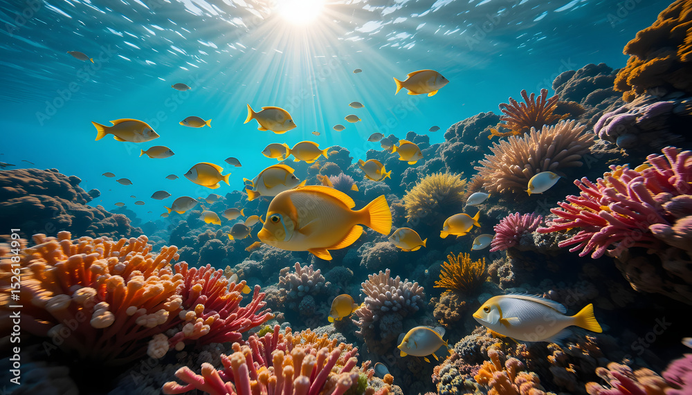 Naklejka premium Title: Vibrant Coral Reef with Colorful Fish in Clear Blue Ocean, Underwater Marine Ecosystem