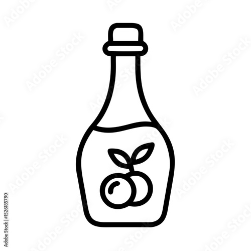 Olive oil bottle design. Elegant olive oil bottle packaging with two olives and leaves. Simple olive oil bottle illustration for label, packaging, or cooking blog.