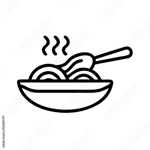 Delicious pasta in bowl with fork. Pasta dish is ready to serve. Simple pasta icon for restaurant menu design or food blog. Pasta illustration is perfect for culinary websites or recipe books.