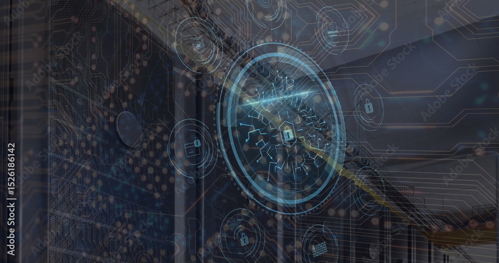 Naklejka premium Image of network of connections over server room and padlock